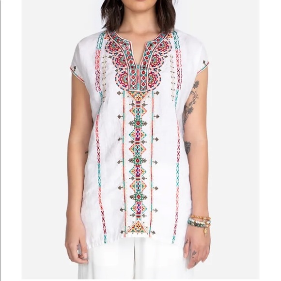 New! JOHNNY WAS Size L white embroidered Verena linen easy yoke top